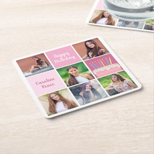Roze Fotocollage Custom Verjaardagsfeest voor Vrou Vierkante Kartonnen Onderzetter (Schuin)
