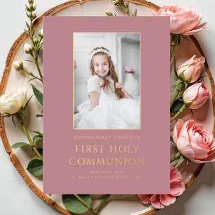 Roze fotomeisje eerste heilige communie goud folie uitnodiging