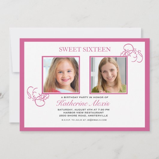 Roze fotouitnodiging voor roze roze kaart (Voorkant)