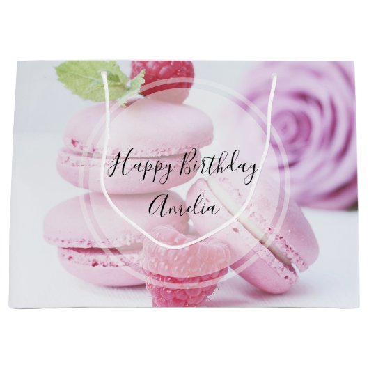 Roze frambozen macarons Frans gebak verjaardag Groot Cadeauzakje (Voorkant)