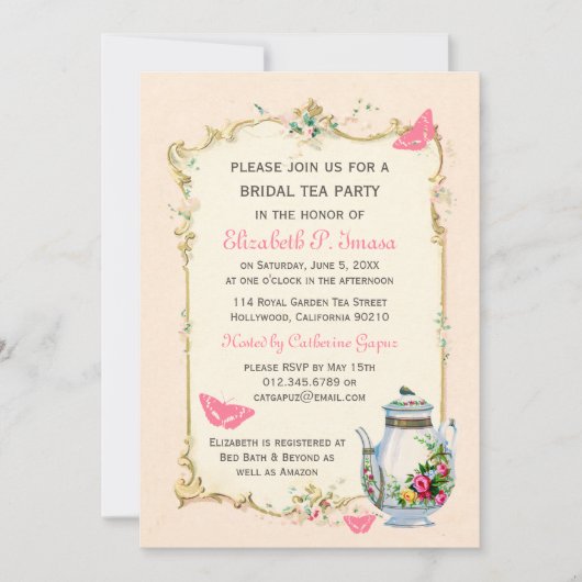 Roze  Franse Bridal Tea Party Kaart (Voorkant)