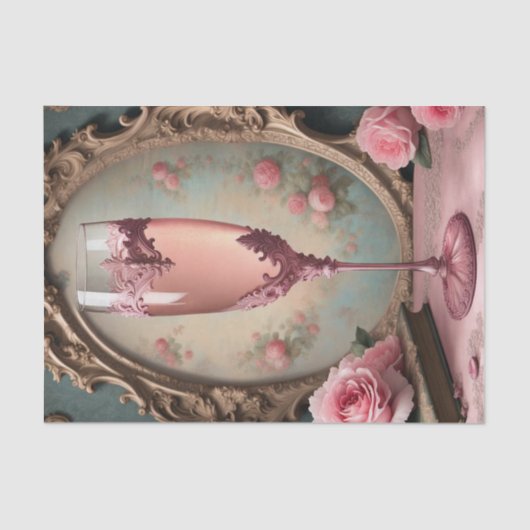 Roze Franse Rococo Champagne Glas Decoupage Papier (Voorkant)