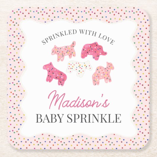 Roze Frosted Animal Cookies Baby Sprinkle Vierkante Kartonnen Onderzetter (Voorkant)