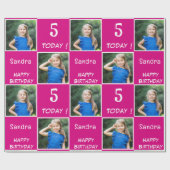 Roze Fuchsia 2 Foto Custom Happy Birthday Girl Cadeaupapier (Vlak)