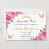 Roze Fuchsia Bloemen Goud Quinceanera Zoet Zestien Save The Date (Voorkant)