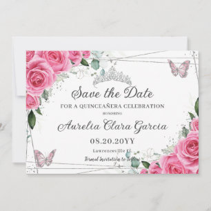 Roze Fuchsia Bloemige Zilveren Quinceanera XV Swee Save The Date