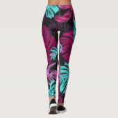 Roze Fuchsia Green Leaves Pattern Leggings (Achterkant)