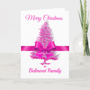 Roze Fuchsia Holiday Tree Ribbon Bow Aangepaste na Feestdagen Kaart