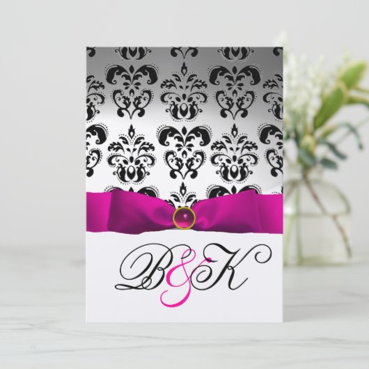 ROZE FUCHSIA LINT WIT ZWART DAMAST MONOGRAM KAART (Staand voorkant)