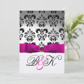 ROZE FUCHSIA LINTJE WIT ZWART DAMAST MONOGRAM KAART (Staand voorkant)