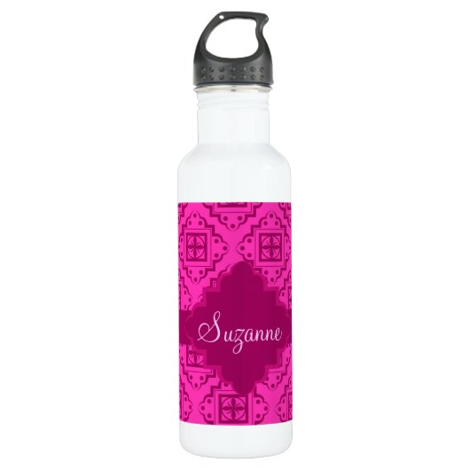 Roze Fuchsia & Magenta Arabesque Moroccan Waterfles (Voorkant)