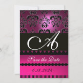 ROZE FUCHSIA PAARSE DAMASK MONOGRAM Zwart Save The Date (Voorkant)