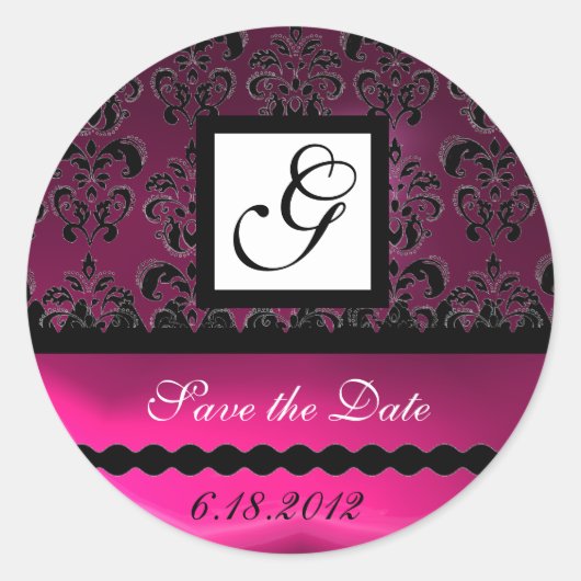 ROZE FUCHSIA PAARSE DAMASK VIERKANT MONOGRAM, viol Ronde Sticker (Voorkant)