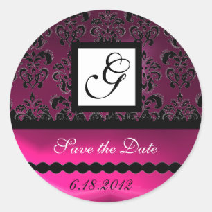 ROZE FUCHSIA PAARSE DAMASK VIERKANT MONOGRAM, viol Ronde Sticker