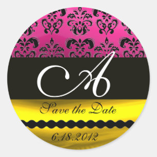 ROZE FUCHSIA PAARSE GOUDEN ZWART DAMASK MONOGRAM RONDE STICKER