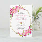 Roze Fuchsia Roos Bloemen | Gouden Lijsten bruilof Kaart (Staand voorkant)