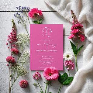 Roze Fuchsia Trouwuitnodiging met QR-code Kaart