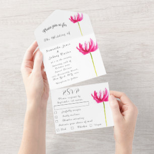 Roze Fuchsia Tulp Waterverf Bruiloft Bloemen All In One Uitnodiging