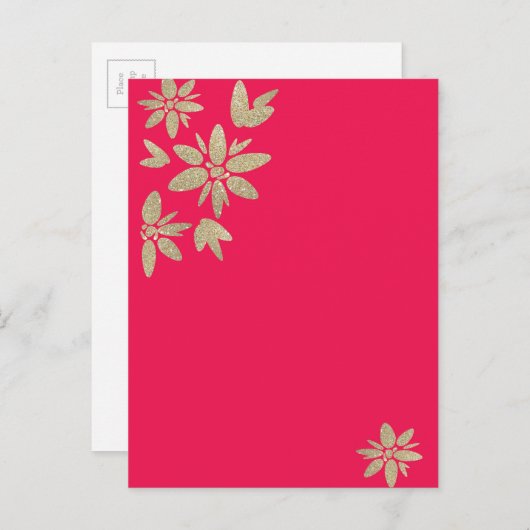 Roze fuchsia uitnodiging met gouden glinsterende b (Voorkant / Achterkant)