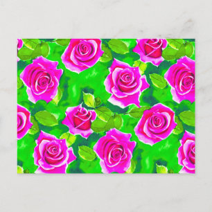 Roze Fuchsia Waterverf Roos Patroon Briefkaart