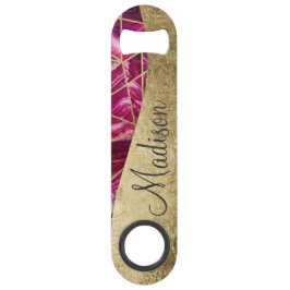 Roze Fuchsia White Agate Gold Geometric Monogram Speed Flessenopener