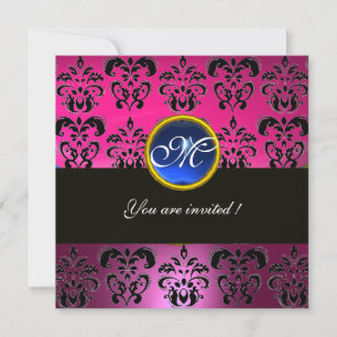 ROZE FUCHSIA ZWART DAMAST MONOGRAM, blauwe saffier Kaart