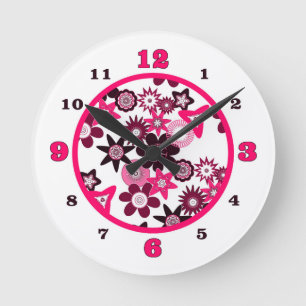 Roze Funky Bloemen Ronde Klok