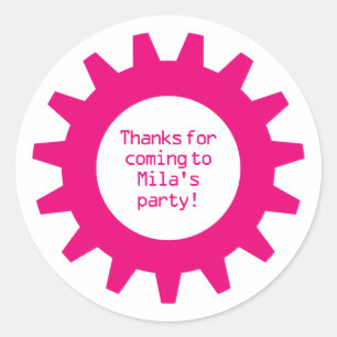Roze gear Birthday Party Dank u Stickers