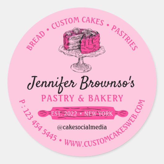 Roze gebak Cute Bakery Chef Ronde Sticker (Voorkant)