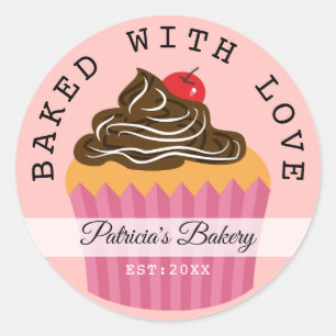 Roze gebakken met liefde bakkerij naam gepersonali ronde sticker