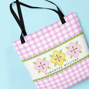 Roze gebloemd geruit monogram draagtas