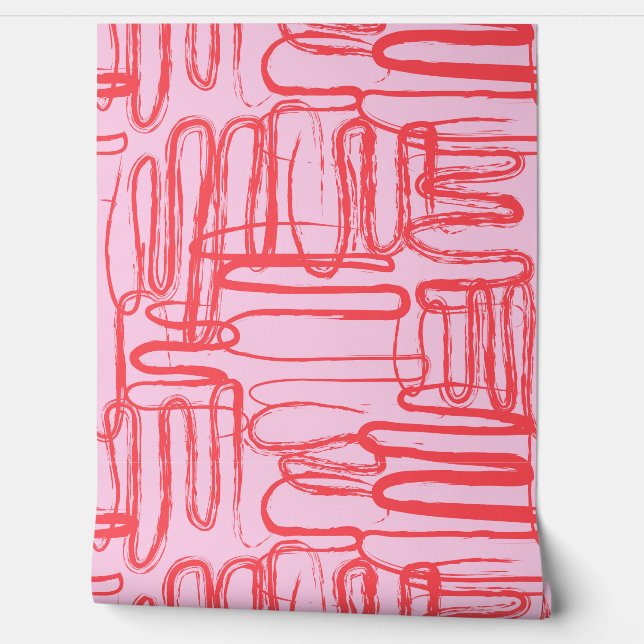 Roze gebogen golvende krabbel abstract modern behang (Afrollen)