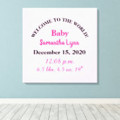 Roze geboortegegevens van babymeisje canvas afdruk (Insitu (Houten vloer))