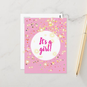 Roze geboortekaartje voor meisje met sterren en li briefkaart
