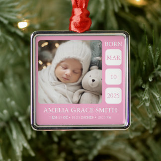 Roze geboortestatistiek foto kerstornament voor me metalen ornament