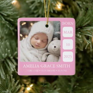 Roze geboortestatistiek meisje foto kerstornament keramisch ornament