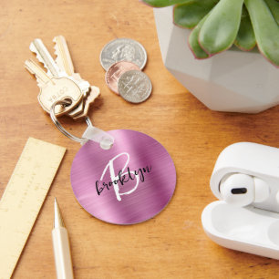 Roze Geborsteld Metaal Zwart Wit Schrift Monogram  Sleutelhanger