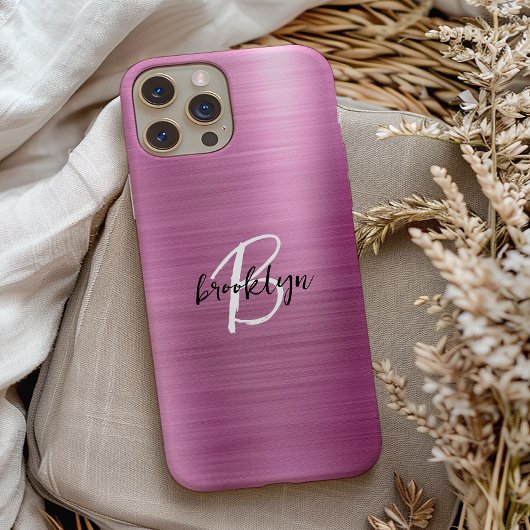 Roze geborsteld metaal zwart wit script monogram Case-Mate iPhone case
