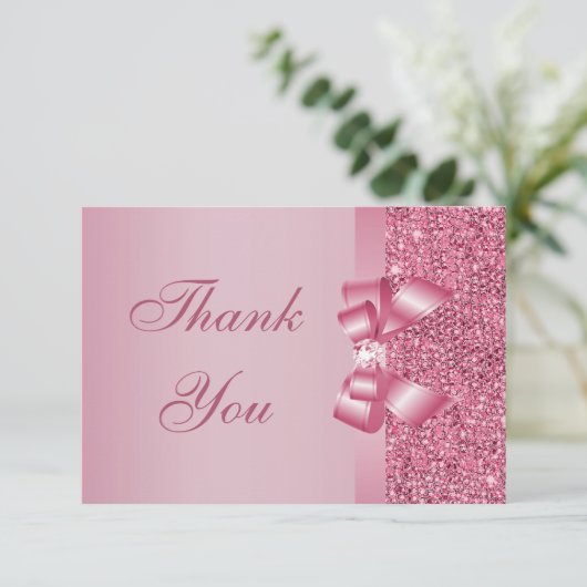 Roze gedrukte Sequins Bow & Diamond Hartelijk dank Bedankkaart (Staand voorkant)