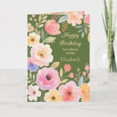 Roze Geel Blauw Groene Bloemen Zusje Verjaardag Kaart (Voorkant)