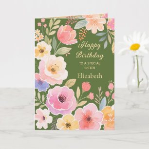 Roze Geel Blauw Groene Bloemen Zusje Verjaardag Kaart