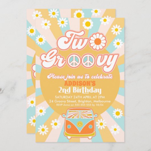 Roze Geel Blauw Twee Groovy Retro 2e verjaardag Kaart (Voorkant / Achterkant)