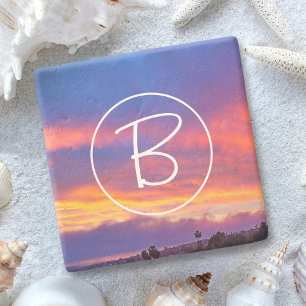 Roze Geel Blauw Wolken Zonsondergang Monogram Mode Stenen Onderzetter