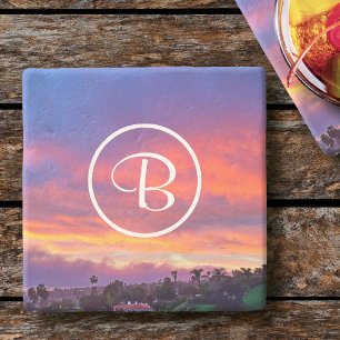 Roze geel blauw zonsondergang foto aangepast monog stenen onderzetter