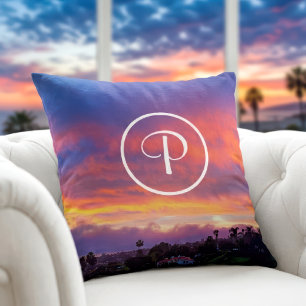 Roze geel blauw zonsondergang fotografie monogram  kussen