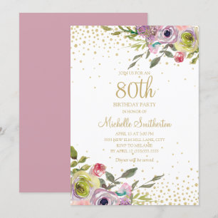 Roze Geel Bloemig Goud Glitter 80ste Verjaardag Kaart