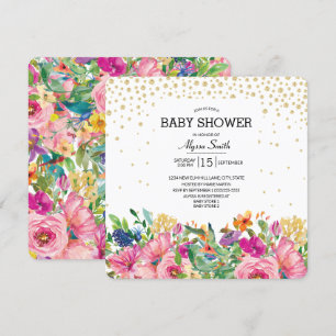 Roze Geel Bloemig Goud Glitter Baby Shower Kaart