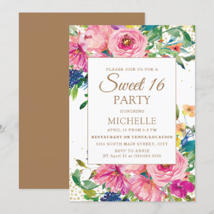 Roze Geel Bloemig Goud Glitter Sweet 16 Kaart