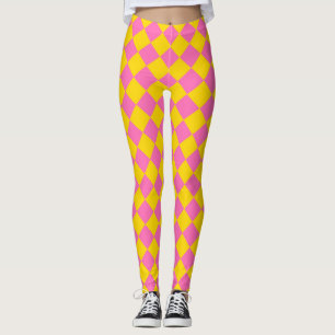Roze Geel Diamant Harlekijn Schachbrett Motief Leggings