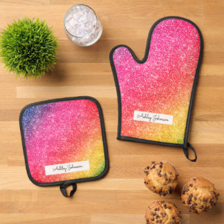 Roze Geel Glitter Schitterend Patroon Ovenwant & Pannenlap Set